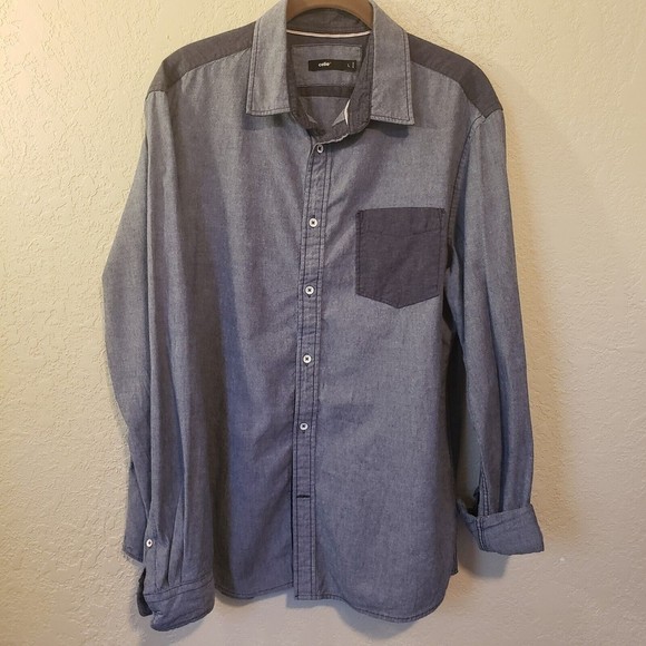 Celio Men's Large Chambray Color Block Long Sleeve Button Down Shirt - Picture 1 of 9